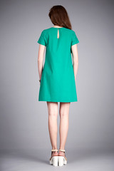 Catalog of fashion clothes for business woman mom casual office style meeting walk party silk cotton dress summer collection accessory shoes beautiful model long brunette hair natural make up  back