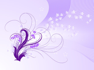 Curly pattern of flowers and petals on a purple background