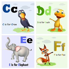 Crow ,Duck, Elephant and Fox with Alphabate