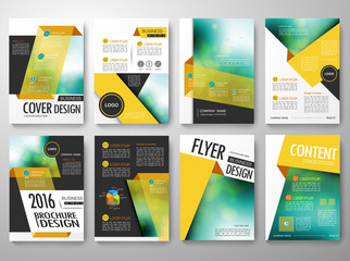 Set of flyers design template vector. Brochures annual reports poster and orange magazine design. Leaflet cover book presentation with abstract green blur background. Layout in A4 size.illustration.