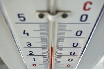 
Vintaged outdoor thermometer with the retro design dispaying high temperature of thirty degrees of Celsius 