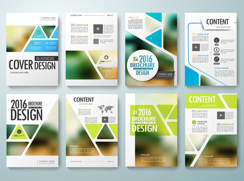 Set of flyers design template vector. Brochures annual reports poster magazine. Leaflet cover book presentation with abstract blur background. Layout in A4 size and green blue triangle.illustration.