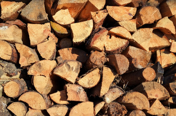 Pile of chopped fire wood prepared for winter. Old firewood pile