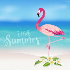 Tropical Background. Tropical Flower and Flamingo Bird. Beach Background