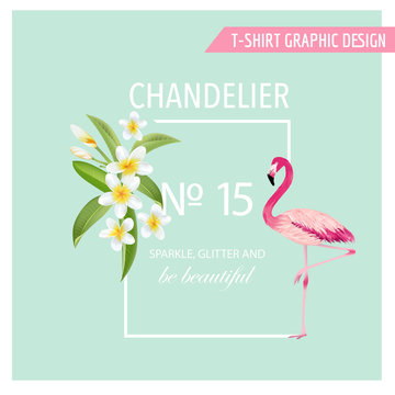Tropical Flowers and Leaves. Flamingo Bird. Vector Background