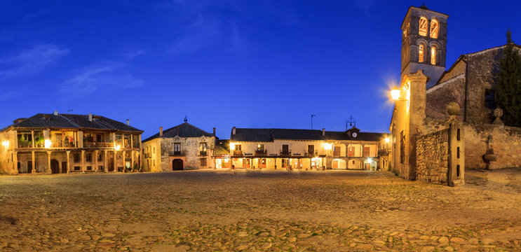 Pedraza main square in the night, a nice town of Segovia, Castilla y Leon, Spain