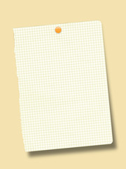 Close-up of one blank ripped paper sheet frame with pin on brown monochrome illustration background