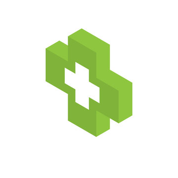 Isometric icon of green medical cross.