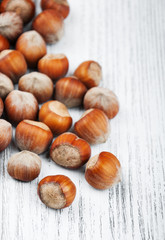 hazelnuts on a wooden table