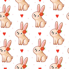 Vector seamless pattern with cute bunny on a white background.