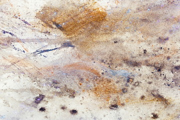 abstract painting with blurry and stained structure. metal rust effect with glitter grains. Painting on old paper.