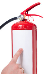 Man using fire extinguisher isolated on white