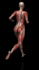 Running woman with visible muscles on black