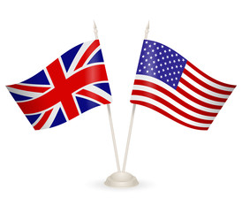 Table stand with flags of England and USA. 