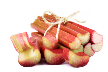 bundle of rhubarb stalks on white background