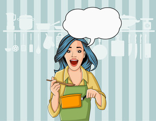 Beautiful retro chef woman cooking delicious meal in restaurant kitchen. Gourmet food. Vintage art.