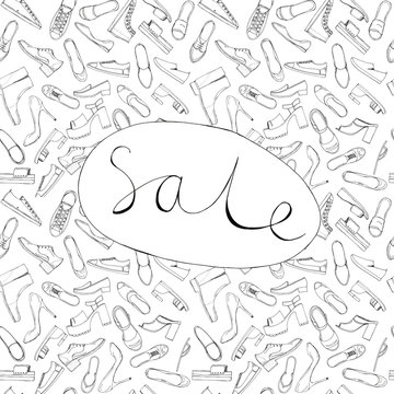 Hand drawn sketch seamless pattern of Shoes - running shoes sneakers, boots, ballet flats, flip flops, tractor sole shoes, loafer with lettering Sale. Coloring book