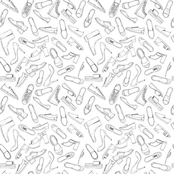 Hand drawn sketch seamless pattern of Shoes - running shoes sneakers, boots, ballet flats, flip flops, tractor sole shoes, loafer. Coloring book