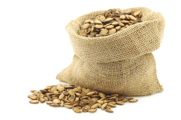 dried watermelon seeds in a burlap bag on a white background