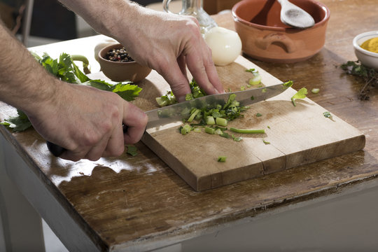 Chop celery, tomato, onions on a wooden cutting board for cooking. Italian food