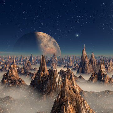 Spitze Stalagmitentürme im Nebel auf der Oberfläche eines Fantasy Planeten.