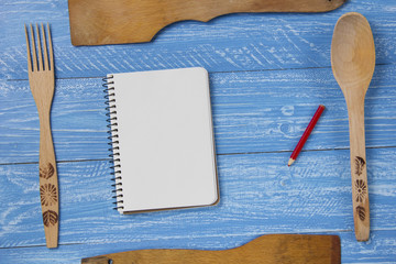 set of wooden Kitchen Tools rustic background