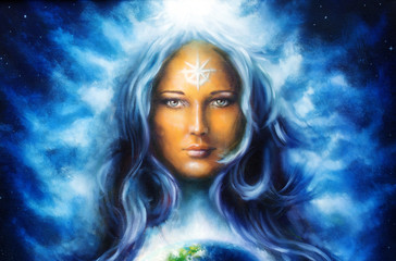 Fototapeta premium mystic face women, with white tattoo. eye contact.