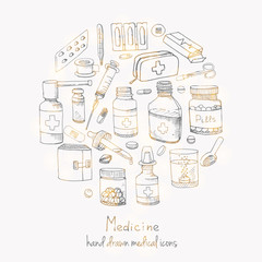 Set of health care and medicine hand drawn icons Doodle medical elements Vector background with wellness freehand drawings Vector sketch illustration Drugs icons Pills Capsules Prescription bottles