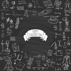 Happy Teachers Day Freehand drawing school items Science theme Hand drawing set of school supplies Sketch Doodle vector illustration Science, physics, calculus, chemistry, biology, astronomy