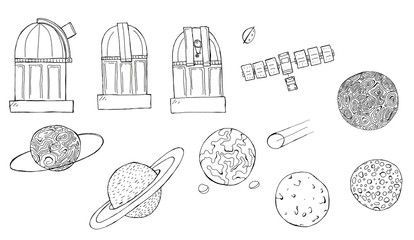Hand drawn sketch set of fantasy planets and observatory on white. Coloring book