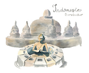 Watercolor hand drawn sketch illustration architecture landmark of Indonesia Borobudur temple and Buddha statue art with lettering