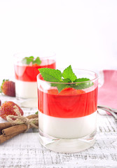 Panna cotta dessert with strawberry jelly