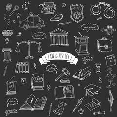 Hand drawn doodle Law and Justice icons set Vector illustration law sketchy symbols collection Cartoon law concept elements suitable for info graphics, websites and print media. Black and white icons