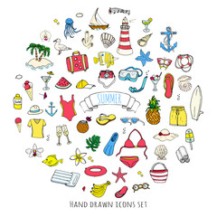 Hand drawn doodle summer set icons Vector illustration Sketchy summer holiday elements collection Isolated vacation objects Cartoon summer beach journey symbols Summertime traveling background