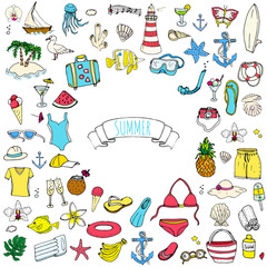 Hand drawn doodle summer set icons Vector illustration Sketchy summer holiday elements collection Isolated vacation objects Cartoon summer beach journey symbols Summertime traveling background