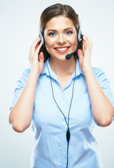 Call center female worker operator. Woman Assistant isolated po