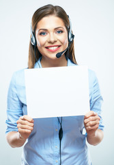 Call center operator hold blank sign board