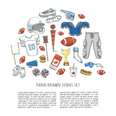Hand drawn doodle american football set Vector illustration Sketchy sport related icons football elements, ball helmet jersey pants knee thigh shoulder pads cleats field cheerleading down indicator