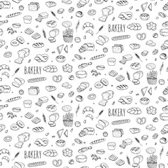 Seamless background hand drawn doodle Bakery set Cartoon bakery icon collection Rye bead Ciabatta Whole grain bread Bagel Sliced bead French baguette Croissant Vector illustration Sketchy bread Bakery