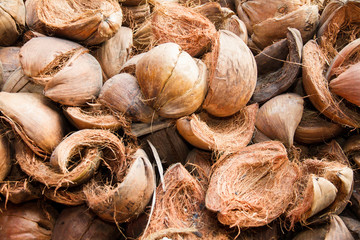 Pile coconut shell for use as fuel.
