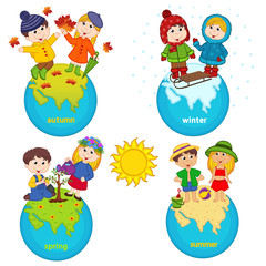 children and four seasons on the planet - vector illustration, eps
