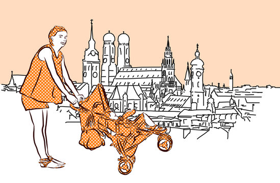 Mother with Buggy in Munich, Vector Hand Drawn Sketch.