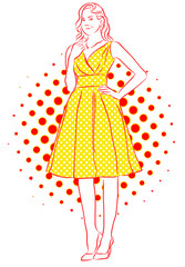 Nice Girl Smiling in Yellow Dress. Vintage Artwork.