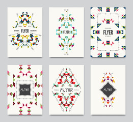 Geometric colorful ethnic flyers. Vector abstract background templates - set of modern elements for brochure, poster, banner, greetings card, cover design.
