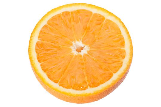 Slice of an orange on a white background