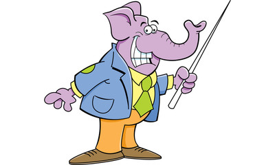 Cartoon illustration of an elephant in a suit holding a pointer.