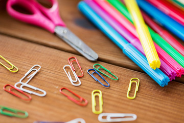 close up of felt pens, clips and scissors