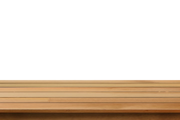 empty wooden table top isolated on white background, used for di