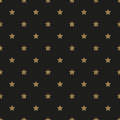 Gold glitter stars on black background seamless pattern.