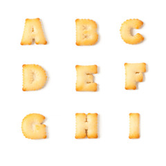 cookie font alphabet A,B,C,D,E,F,G,H,I isolated on white background.